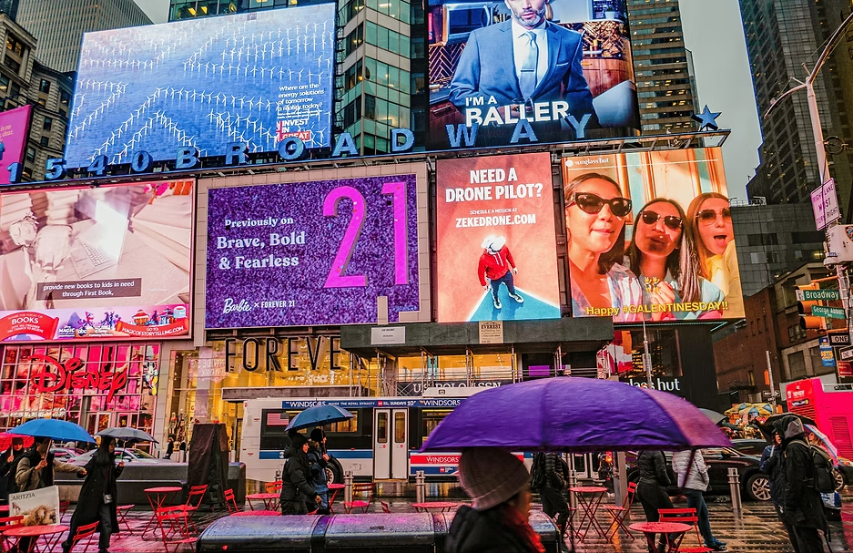 Digital billboard screens in a city street
